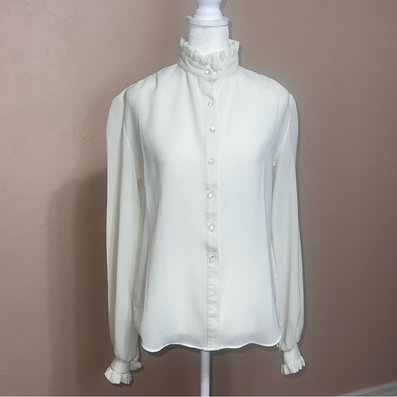 Vintage That’s Me! USA Button-Down High Neck Ruffled Sheer Blouse 100% Polyester - Picture 2 of 9